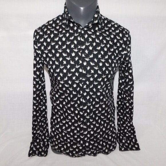 H&M Premium Cotton Slim Fet Mens S Black White Paper Crane Print LS Button Shirt - Picture 6 of 9